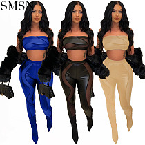 hot seller hollow out sexy chest wrap top tight see-through pants two-piece set slimming two pieces set