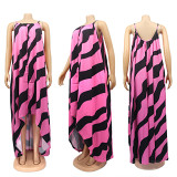 Women's striped print drag floor irregular hem large size loose lady halter dress