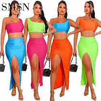 Amazon women clothing summer solid color sexy long skirt two piece set suit