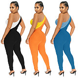 Amazon summer one-shoulder hollow out solid color casual one piece pants women jumpsuit