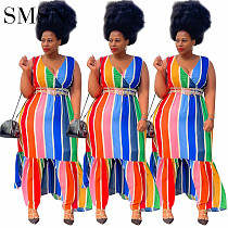 2022 New style color stripe printed V-neck sexy Plus-size women long dress