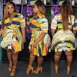 plus-size women irregular color stripe Print shirt dress