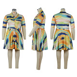 plus-size women irregular color stripe Print shirt dress