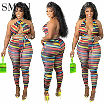 Summer Large size women new color stripe printing large size strap sexy two piece pants set