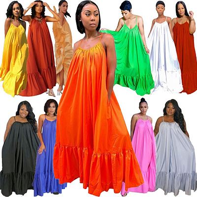 Summer Sexy Plus Size Women Clothing Spaghetti Strap Solid Color Oversized Loose Women Casual Long Dress Maxi Dress