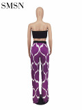Amazon Women's solid color print trouser strapless suit two piece pants set