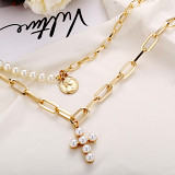 Cross necklace creative retro style seal inlaid artificial pearl sweater chain for women