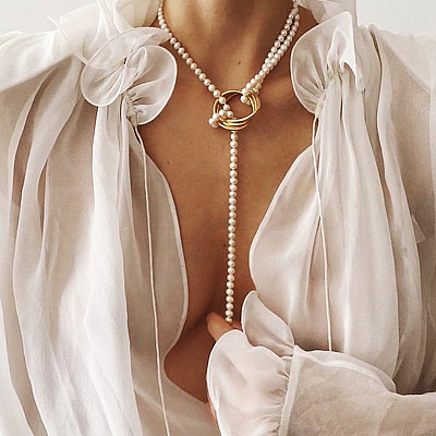 Retro pearl necklace geometric metal pearl necklace women's personality fashion clavicle chain sweater chain