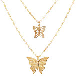 New inlaid rhinestone butterfly pendant necklace female creative personality simple alloy double laminated clavicle chain