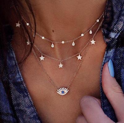 Retro water drops five-pointed star set diamond clavicle chain creative personality eye blue diamond three-layer necklace for women