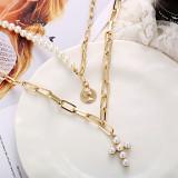 Cross necklace creative retro style seal inlaid artificial pearl sweater chain for women