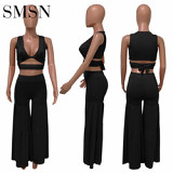 Summer solid color sexy sleeveless tie drape wide leg pants two piece set