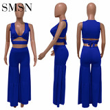Summer solid color sexy sleeveless tie drape wide leg pants two piece set