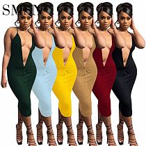 2022 solid color sexy bodycon sleeveless deep V neck Ribbed small pit strap mid-length dress