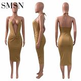 2022 solid color sexy bodycon sleeveless deep V neck Ribbed small pit strap mid-length dress