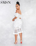 Sexy one shoulder bubble short sleeve lace fishtail skirt see-through dress