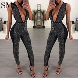 Night club women's amazon hot drill autumn and winter deep V-neck sexy jumpsuit