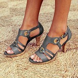 Summer new round head hollow out one word buckle strap thick heel sandals for women cross-border trade large size retro Roman high heels