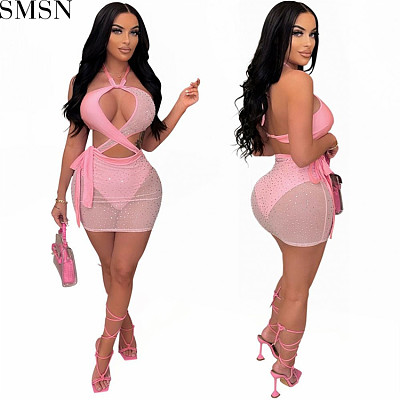 Foreign trade new hot Party tight skirt slimming rhinestone halter see-through sheath dress plus size casual dress