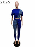 Amazon's hot selling denim combo casual sports suit two piece set women clothing