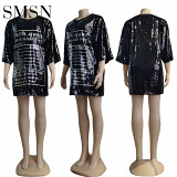 Fashion short sleeves sexy glitter Heavy sequins loose summer dress