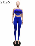 new fashion strapless suit is amazon's hot mesh combination ripped suit feather two piece pants set