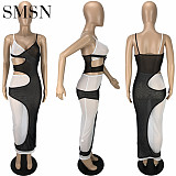 Amazon sexy fashion hollowed-out split-layer suspender gauze maxi dress