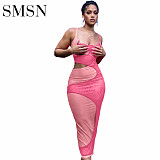 Amazon sexy fashion hollowed-out split-layer suspender gauze maxi dress