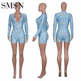 sexy nightclub bodycon print long sleeve deep V neck shorts women one piece bodycon jumpsuits and rompers