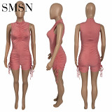 Sleeveless pleated summer sport pleated women one piece bodycon jumpsuits and rompers