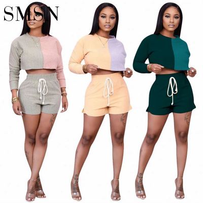Stylish patchwork color long sleeve 2 piece set two piece set women clothing