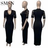 wholesale clothing V-neck lace stitching short sleeve slim sexy long dress