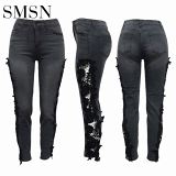 fashionable summer Cut-out washed lace stitching jeans denim jeans
