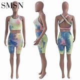 wholesale clothing Amazon Waffle Vest sport tie dye 2 piece set shorts two piece set women clothing
