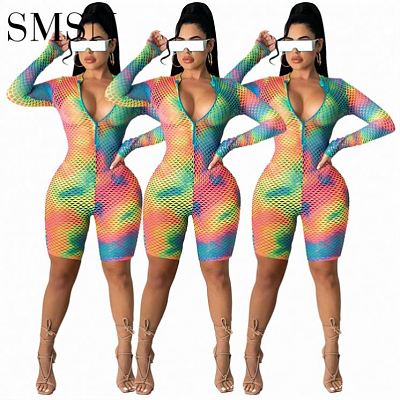 wholesale clothing sexy wind mesh tie dye positioning printing hollow women one piece bodycon jumpsuits and rompers