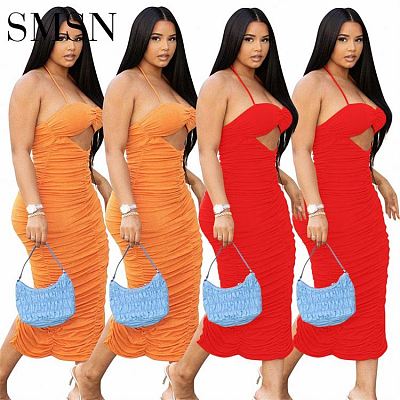 Amazon strapless sexy strap pleated slit casual dress