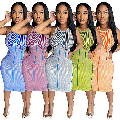 Amazon's new summer vest personality stripe print hip wrap sexy dress