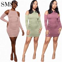 Casual Plus Size Dress Amazon Women wholesale clothing solid color Sleeve Pleated Dress women casual dress