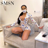 sexy nightclub bodycon print long sleeve deep V neck shorts women one piece bodycon jumpsuits and rompers