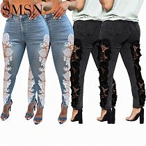 fashionable summer Cut-out washed lace stitching jeans denim jeans