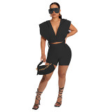 Cross-border new women's summer solid color hooded zipper tie two-piece set 2 piece set two piece set women clothing