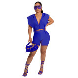 Cross-border new women's summer solid color hooded zipper tie two-piece set 2 piece set two piece set women clothing
