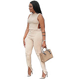 Sexy casual solid color round collar sleeveless side slit strap two-piece set 2 piece set two piece set women clothing