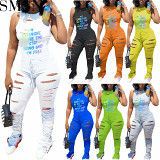 European and American women's ripped sexy letter backless jumpsuit women one piece bodycon jumpsuits and rompers