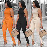 Sexy casual solid color round collar sleeveless side slit strap two-piece set 2 piece set two piece set women clothing
