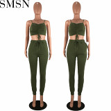 2022 summer new suspender navel with pocket casual sexy fashion suit 2 piece set two piece set women clothing