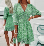 Mid-skirt pullover print short sleeve puff sleeve mid-waist floral dress plus size casual dress