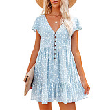 Spring and summer V-neck buttons small floral short sleeve loose casual dress women's clothing plus size casual dress
