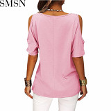 Fashion casual solid color off-shoulder loose short sleeve t-shirt women