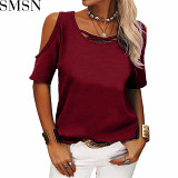 Fashion casual solid color off-shoulder loose short sleeve t-shirt women